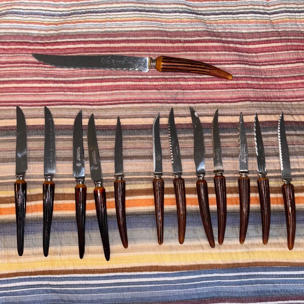 Vtg Sheffield Eng Steak & Butter Knife Set 13pc Faux Horn Handle Stainless Steel